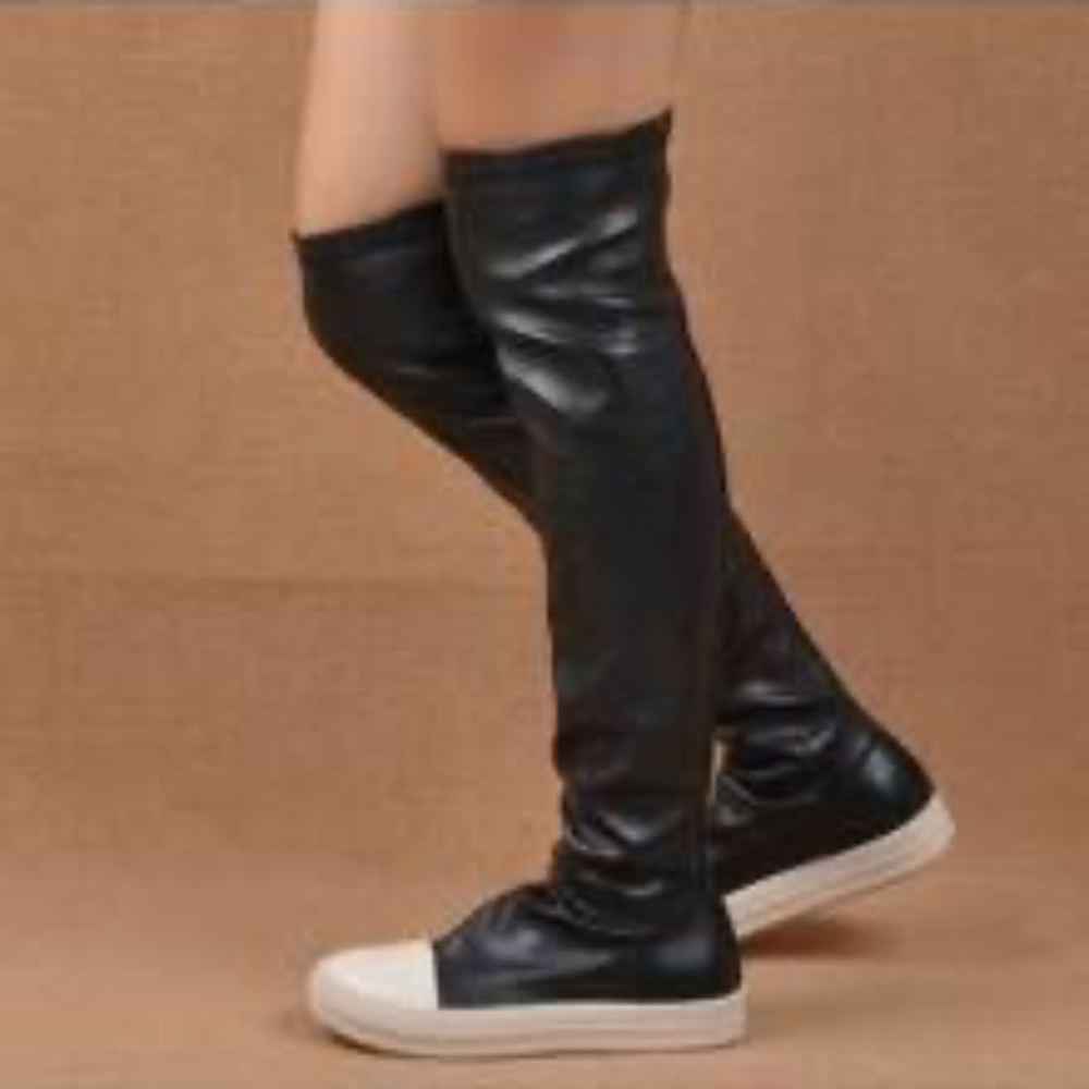 Women's Black Fashionable Elegant Round Thick Bottom Over-The-Knee Elastic Boots